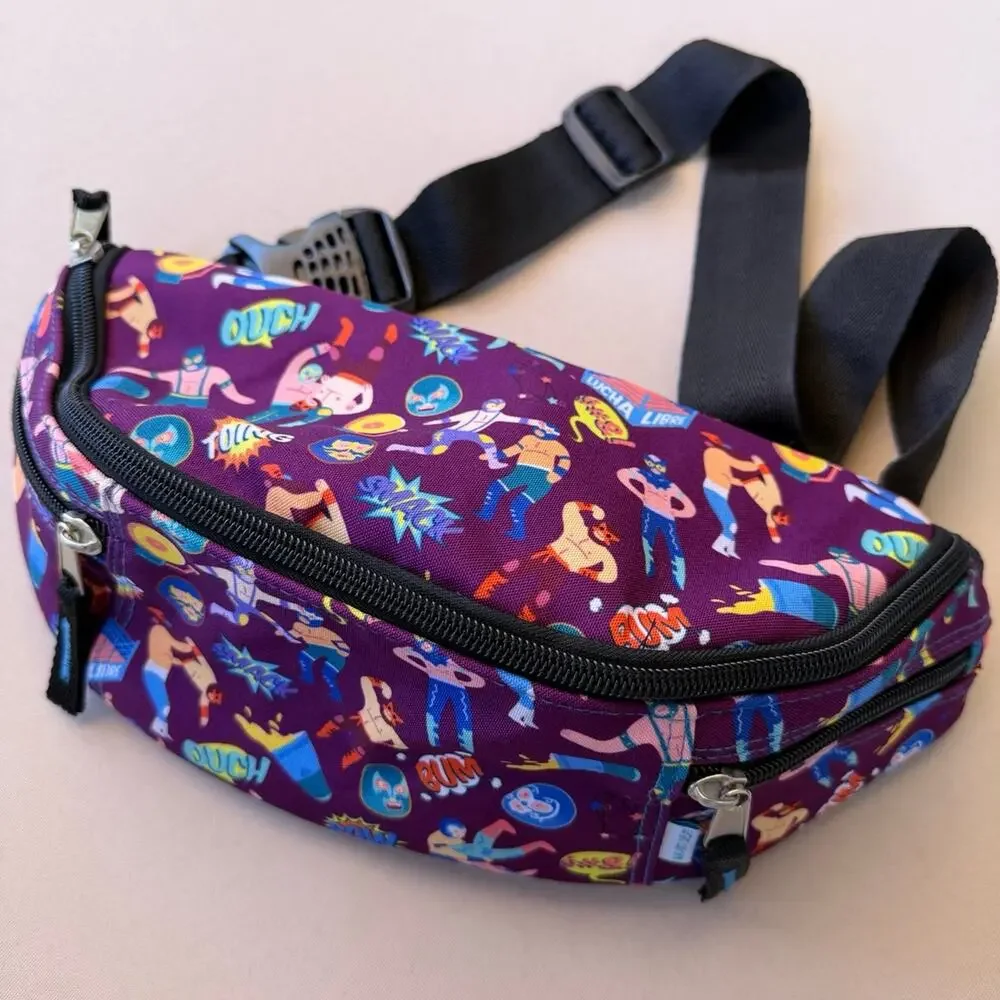 Cartoon Luchador comic Motif Quirky Wrestler Belt Bag Purple
